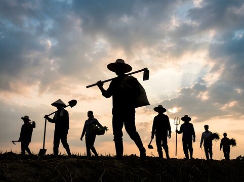 Silhouetted farmers walking with tools at sunset