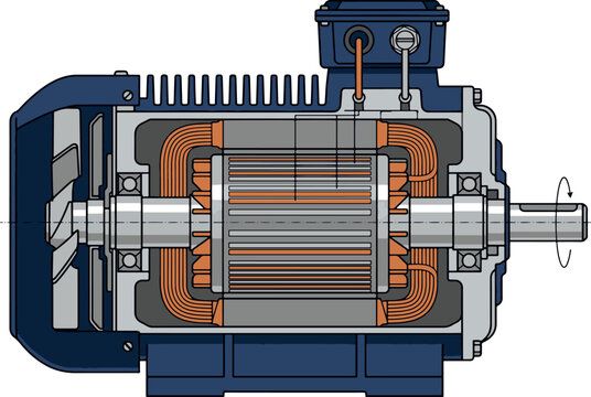 Technical diagram showing internal parts of an induction motor like stator, rotor, and windings.