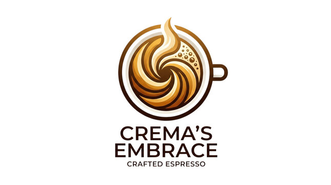 Logo design for cremas embrace crafted espresso featuring a stylized coffee cup with swirling foam and steam, isolated on transparent background