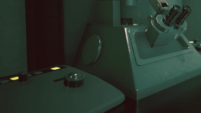 Close view of a microscope and control panel on a laboratory table. The setting appears to be a research facility during a scientific experiment in the evening.