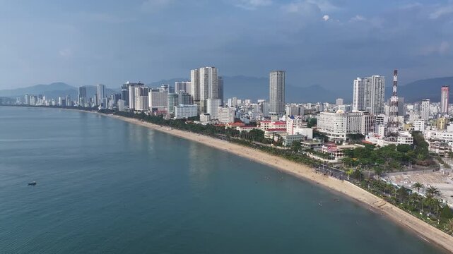 Aerial view of Nha Trang city skyline with beach scenery in Vietnam