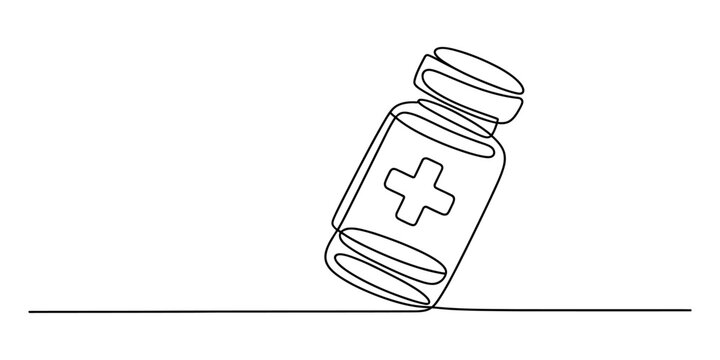 Continuous single line drawing of a medical pill bottle with a cross symbol