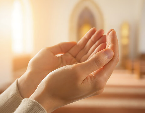 Muslim Person Praying with Cupped Hands in Mosque for Dua and Blessings during Ramadan