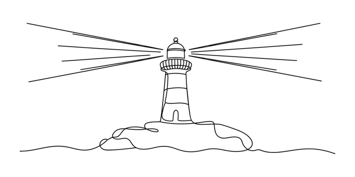 Simple line drawing of a lighthouse shining light on the ocean