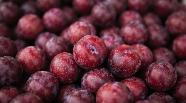 Close up of a pile of fresh ripe red plums