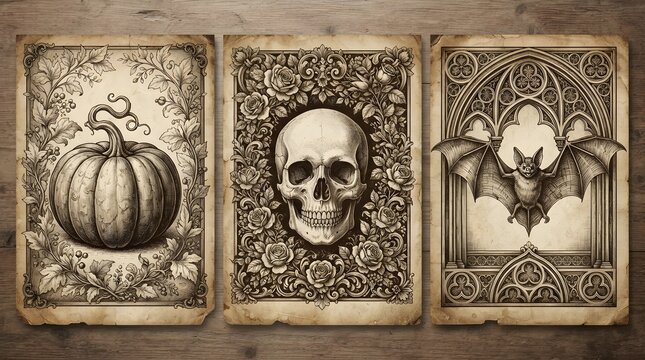 Set of three vintage halloween illustrations featuring a pumpkin, a human skull surrounded by roses, and a bat in a gothic archway on wood texture