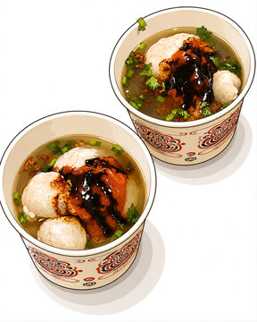 A delicious serving of Indonesian bakso meatball soup in two takeaway bowls, featuring soft meatballs, savory clear broth, fresh green herbs, and rich sweet and spicy sauces. A popular traditional Ind
