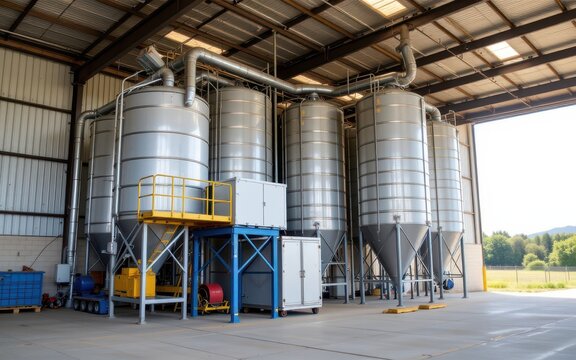 Industrial stainless steel storage tanks inside a spacious warehouse with open sides and metal roofing.