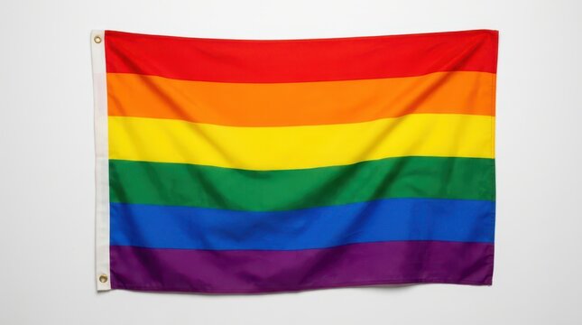 A vibrant rainbow pride flag hanging against a plain white background