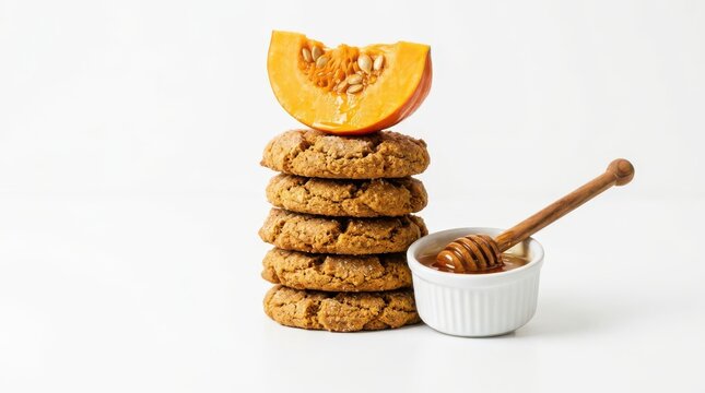 Stack of pumpkin cookies with a slice of fresh pumpkin and honey isolated on white background