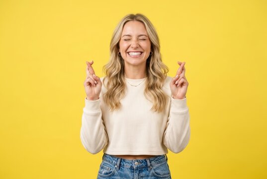 Excited Young Woman Crossing Fingers for Good Luck and Making a Wish on Yellow Background