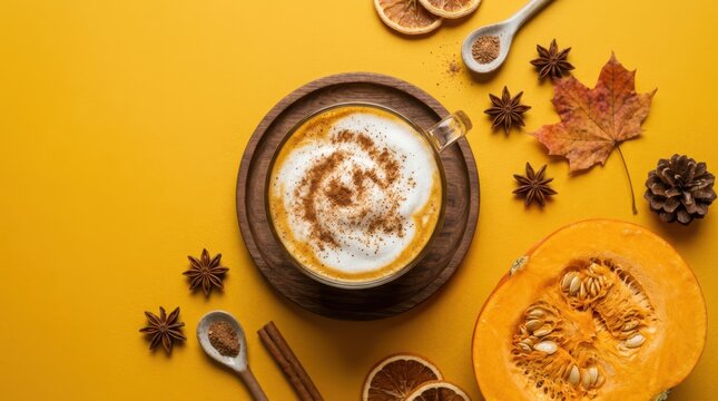 Pumpkin spice latte with autumn spices, dried orange slices, and pumpkin on yellow background