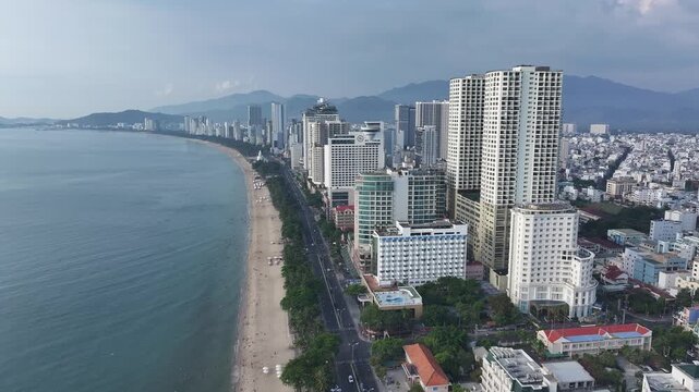 Aerial view of Nha Trang city skyline with beach scenery in Vietnam