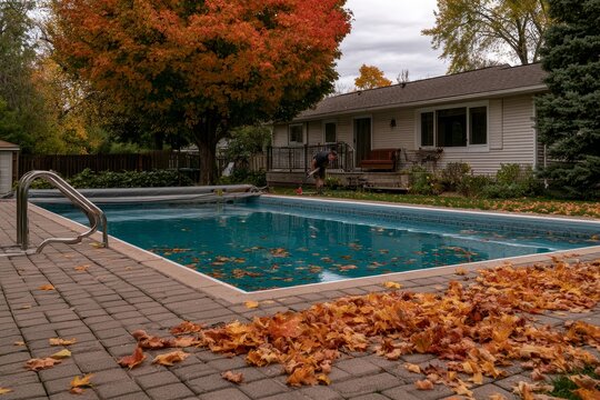 Man cleaning autumn leaves from backyard pool