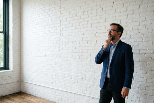 Thoughtful Mature Businessman in Blue Blazer Standing Against White Brick Wall in Modern Office Space