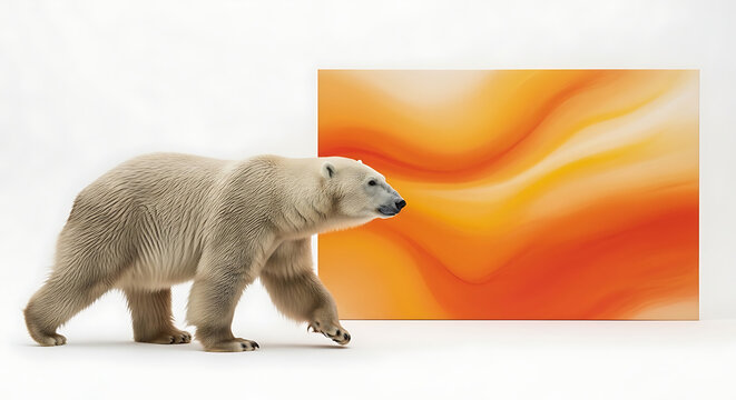 Polar bear walking on orange gradient background