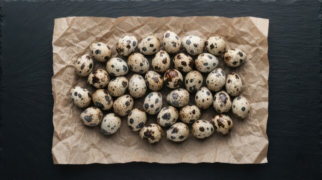 Top view of many fresh raw quail eggs arranged on crumpled brown paper over a dark slate background