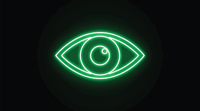 Glowing neon green human eye icon design featuring sharp lines and vibrant electric light strokes