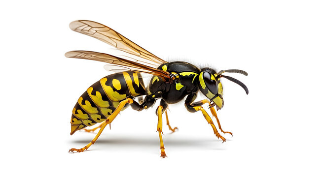 Yellow and black wasp flying close up