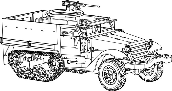 WWII M3 Half-track Vehicle with Mounted Machine Gun - Line Art Sketch