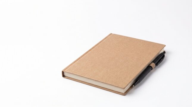 Blank Brown Kraft Paper Notebook and Black Pen Isolated on White Background