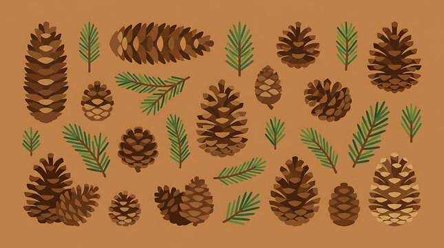 Flat vector pine cones and spruce branches collection