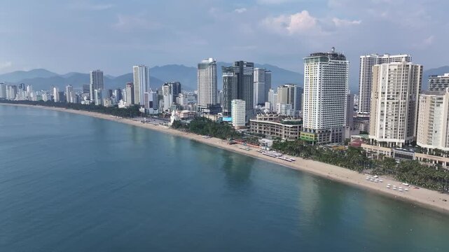 Aerial view of Nha Trang city skyline with beach scenery in Vietnam