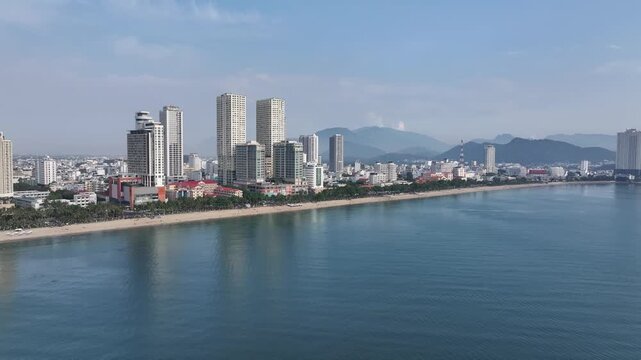 Aerial view of Nha Trang city skyline with beach scenery in Vietnam