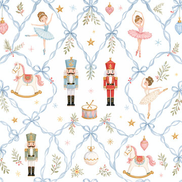 Watercolor Nutcracker Christmas Seamless Pattern with Blue Ribbon Lattice, Ballerina and Holiday Characters