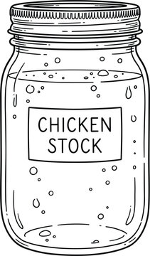 Glass mason jar filled with homemade chicken stock broth soup base hand drawn sketch vector illustration isolated
