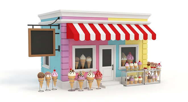 Colorful ice cream shop with striped awning