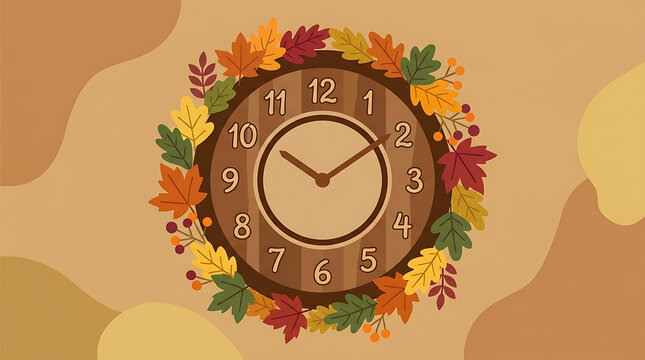 Autumn wall clock decorated with colorful fall leaves wreath