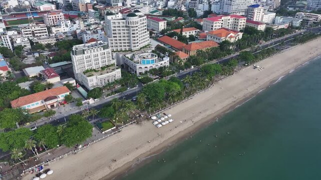 Aerial view of Nha Trang city skyline with beach scenery in Vietnam