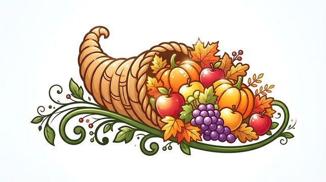 Traditional thanksgiving cornucopia overflowing with colorful autumn harvest fruits and vegetables on a white background