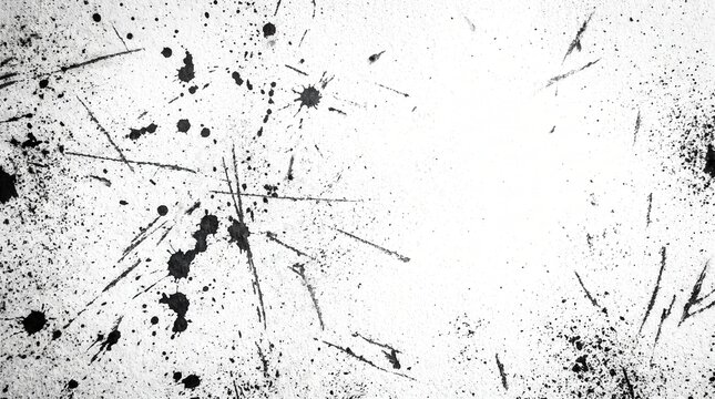 Black ink splatters and scratches cover a distressed white wall. Distressed white wall provides a vintage grunge texture for graphic design overlay and urban background with worn paint detail.