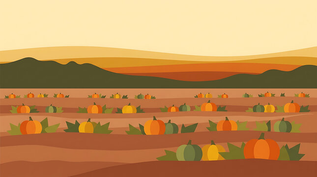 Flat vector illustration of a pumpkin patch field at sunset