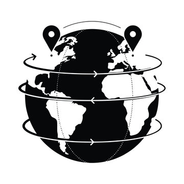 Globe with location markers and orbital paths on transparent background
