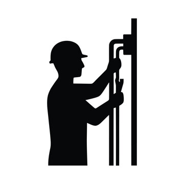 Electrician working on wiring panel black silhouette on transparent background