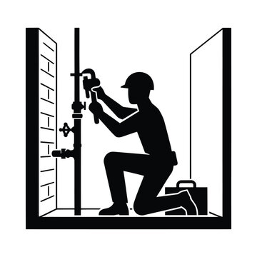 Plumber working on pipes silhouette on transparent background