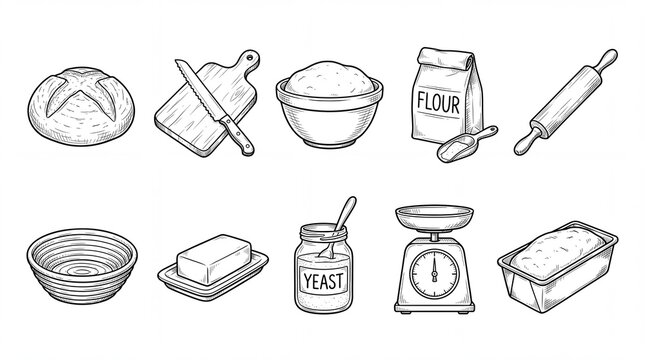 Vintage hand drawn baking icons set, rustic bread making ingredients and tools, black and white kitchen sketches on white background