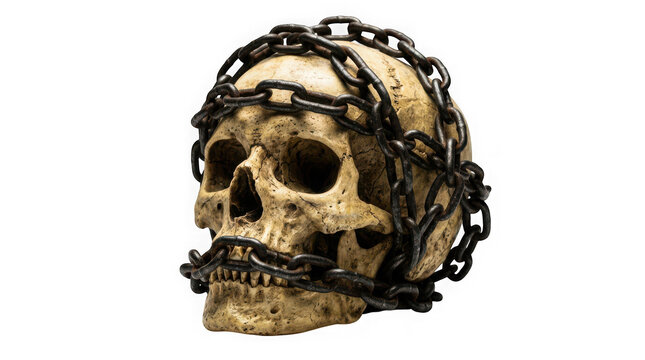 Human skull wrapped in heavy metal chains isolated on transparent background
