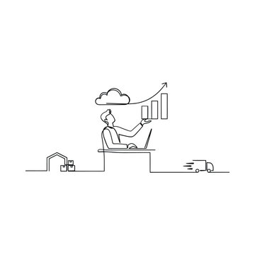 Line drawing depicts business growth with person working on transparent background