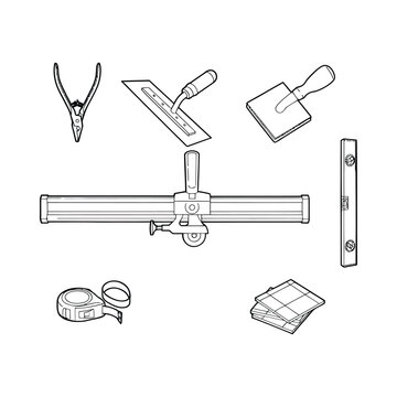 Construction tools including pliers trowels and level on transparent background