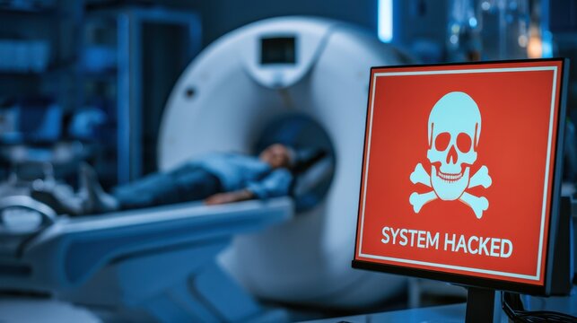 A red warning sign with a skull and crossbones reads "SYSTEM HACKED" near a patient undergoing an MRI scan.