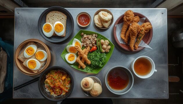 A Feast for the Senses: A vibrant spread of Indonesian cuisine, featuring crispy fried chicken, soft-boiled eggs, savory rice dishes, and freshly brewed tea.