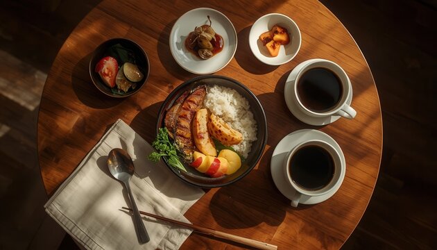 Asian Cuisine Delight: A top-down view showcases a meticulously prepared meal featuring rice, grilled meat, and fresh fruit, accompanied by two cups of aromatic coffee, set upon a warm wooden table.