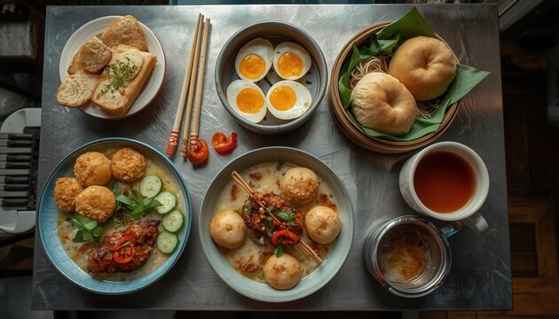 A Delicious Culinary Spread: A top-down view showcases a delightful assortment of Asian-inspired dishes, including savory dumplings, soft-boiled eggs, and aromatic tea, laid out on a metallic surface.
