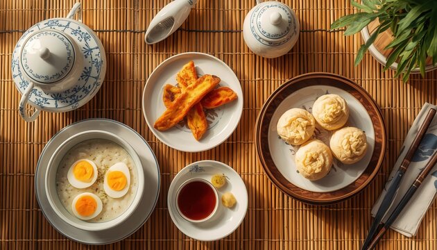 A Culinary Journey: An inviting spread of Asian-inspired dishes, including savory congee with perfectly boiled eggs, crispy fried delights, and delicate steamed buns.