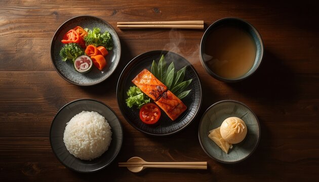 Salmon Meal Presentation: A beautifully arranged salmon fillet served with rice, vegetables, and a side of soup and dessert, presented in an elegant top-down view on a wooden table.