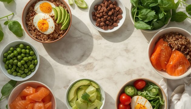 Healthy Food Bowls Galore: A vibrant spread of nourishing food bowls, each brimming with fresh ingredients like salmon, avocado, eggs, peas, and leafy greens, offering a delicious and wholesome meal.